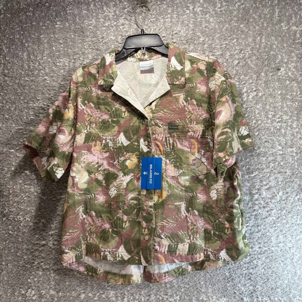 Columbia Women Shirt Relaxed Fit Floral Abstract Prit L Cotton Boxy Outdoor NWT